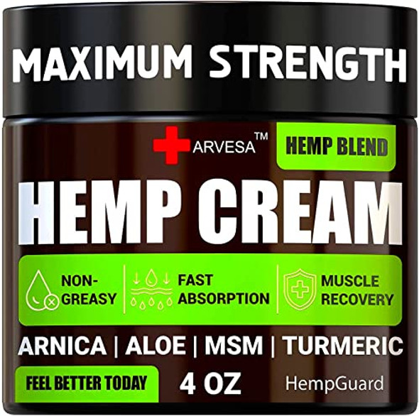 Natural Hemp Cream for Muscles, Joints, Back, Knees, Neck, Fingers, Elbows - High Strength Hemp Oil Extract with Arnica, Emu Oil, Turmeric - Made in The USA