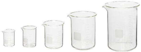 PYREX Griffin Borosilicate Glass Beaker - Low Form Graduated Measuring Beaker with Spout– Premium Scientific Glassware for Laboratories, Classrooms or Home Use- PYREX Chemistry Glassware, 5 Piece Set