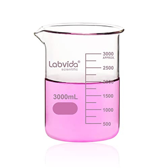 Labvida Glass Beaker, Vol. 3000ml, 3.3 Borosilicate Griffin Low Form with Printed Graduation,LVA022
