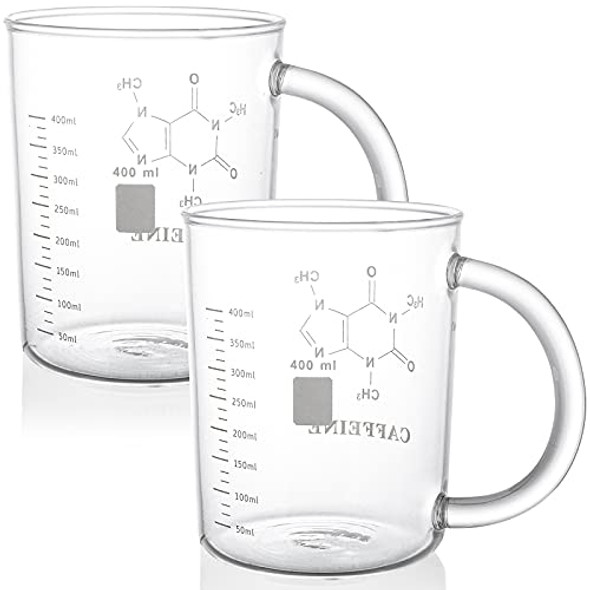 Suwimut 2 Pack Caffeine Beaker Mug Caffeine Molecule Mug, 16 oz Borosilicate Glass Chemistry Mug Coffee Mugs with Handle and Measuring for Tea, Coffee, Latte, Hot and Cold Beverage