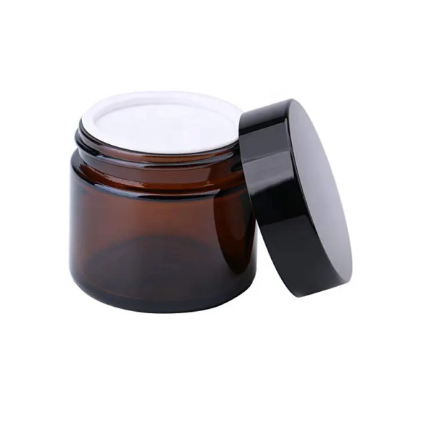 2 oz Amber GLASS Jar Straight Sided w/ Black Plastic Lined Cap - Case of 168