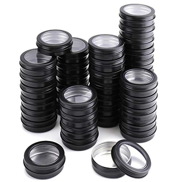 Foraineam 40 Pack 2 Ounce Round Tins Screw Lid Containers with Clear Window Matte Black Metal Empty Tin Cans Aluminum Travel Storage Jars for Kitchen, Office, Candles, Candies, Gifts, Arts & Crafts