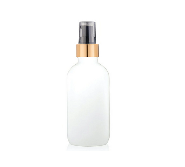 4 Oz White Glass Bottle w/Black Matte Gold Treatment Pump
