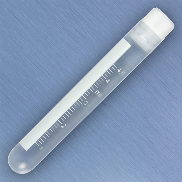 CryoCLEAR vials, 5.0mL, STERILE, Internal Threads, Attached Screwcap with Co-Molded Thermoplastic Elastomer (TPE) Sealing Layer, Round Bottom, Printed Graduations, Writing Space and Barcode, 50/Bag, 10 Bags/Case