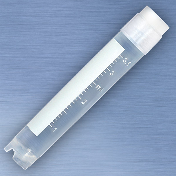 CryoCLEAR vials, 4.0mL, STERILE, External Threads, Attached Screwcap with Co-Molded Thermoplastic Elastomer (TPE) Sealing Layer, Round Bottom, Self-Standing, Printed Graduations, Writing Space and Barcode, 50/Bag, 10 Bags/Case