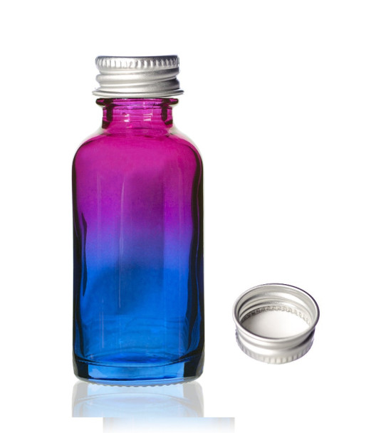1 Oz Multi Fade Cosmic Cranberry and Teal blue Bottle with Silver 20-400 lid with foam liner