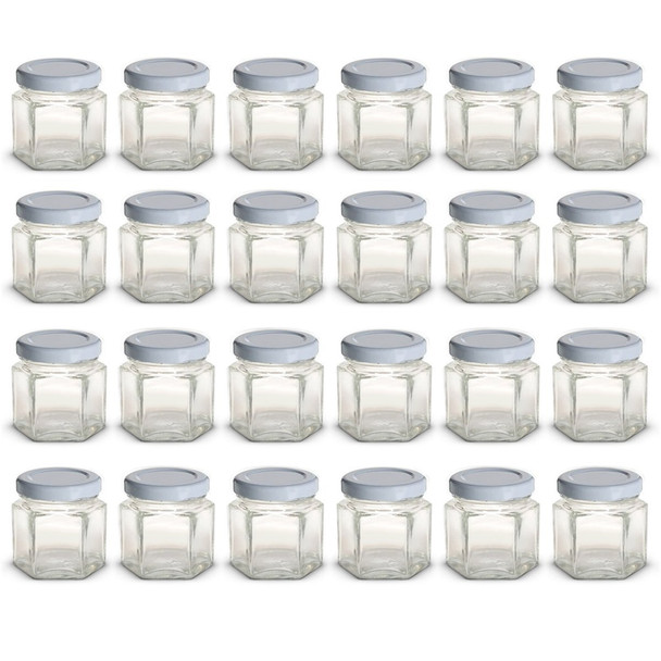 1.5 oz Mini Hexagon Glass Jars with WHITE Lids with Labels, Pack of 24