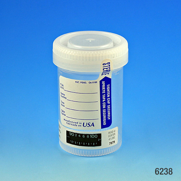 Drug Test Container, 90mL, with Attached White Screwcap, STERILE, Tab-Seal Patient ID Label & Thermometer Strip, PP