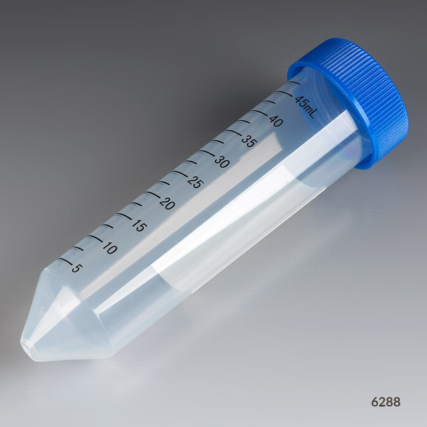 Centrifuge Tube, 50mL, Attached Blue Flat Top Screw Cap, PP, Printed Graduations, STERILE, 25/Bag, 20 Bags/Unit