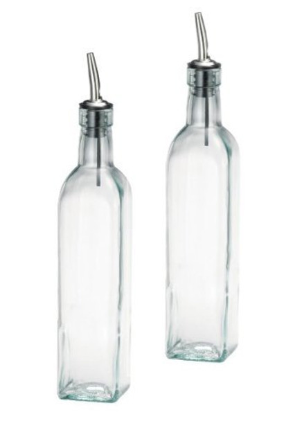 SET OF 2 - 16 Oz. (Ounce) Oil Vinegar Cruet, Square Tall Glass Bottle w/Stainless Steel Pourer Spout