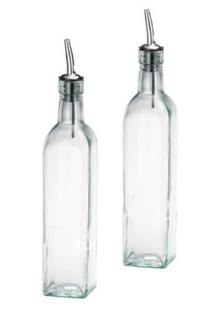SET OF 2 - 16 oz. (Ounce) Oil Vinegar Cruet, Square Tall Glass Bottle w/Stainless Steel Pourer Spout