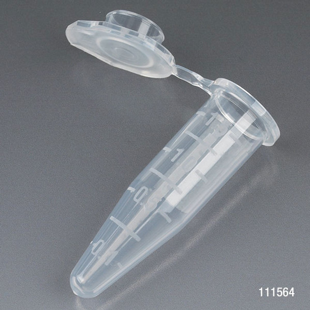 Microcentrifuge Tube, 1.5mL, PP, Attached Snap Cap, Graduated, Natural, Certified: Rnase, Dnase and Pyrogen Free, 500/Stand Up Zip Lock Bag