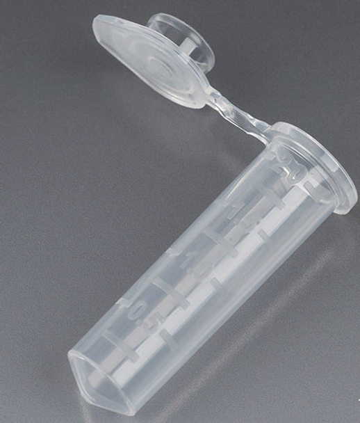Microcentrifuge Tube, 2.0mL, PP, Attached Snap Cap, Graduated, Natural, Certified: Rnase, Dnase and Pyrogen Free, 500/Stand Up Zip Lock Bag