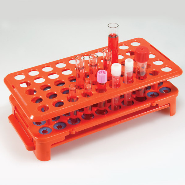 Grip Rack, Rack with Tube Grippers and Tube Eject for up to 15mm Tubes, 50-Place, Autoclavable, Orange