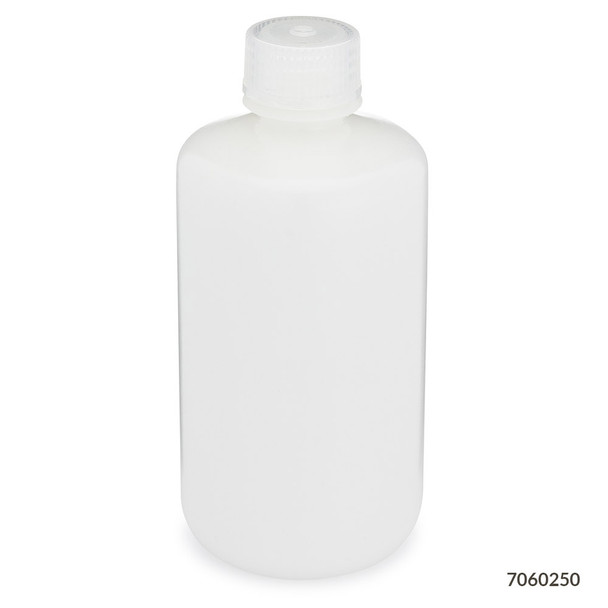 Bottle, Narrow Mouth, HDPE Bottle, Attached PP Screw Cap, 250mL, 12/Pack