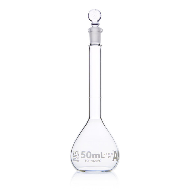 Flask, Volumetric , Globe Glass, 50mL, Class A, To Contain (TC), ASTM E288, 6/Box