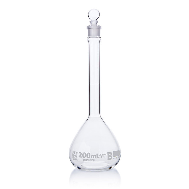 Flask, Volumetric , Globe Glass, 200mL, Class B, To Contain (TC), ASTME288, 6/Box