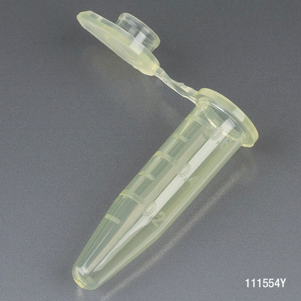 Microcentrifuge Tube, 0.5mL, PP, Attached Snap Cap, Graduated, Yellow, Certified: Rnase, Dnase and Pyrogen Free, 500/Stand Up Zip Lock Bag