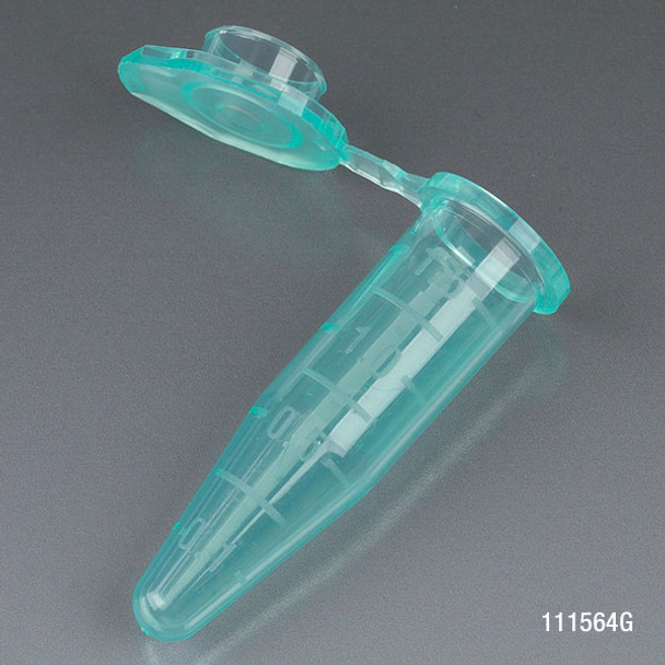 Microcentrifuge Tube, 1.5mL, PP, Attached Snap Cap, Graduated, Green, Certified: Rnase, Dnase and Pyrogen Free, 500/Stand Up Zip Lock Bag