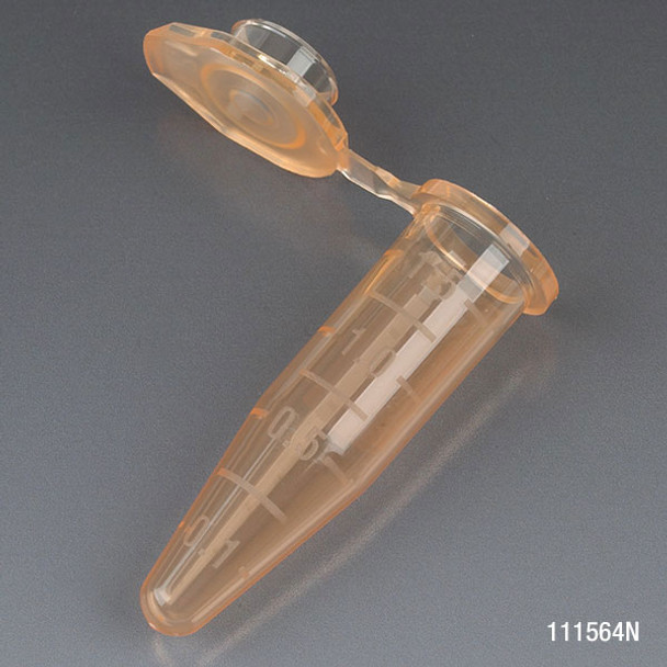 Microcentrifuge Tube, 1.5mL, PP, Attached Snap Cap, Graduated, Orange, Certified: Rnase, Dnase and Pyrogen Free, 500/Stand Up Zip Lock Bag