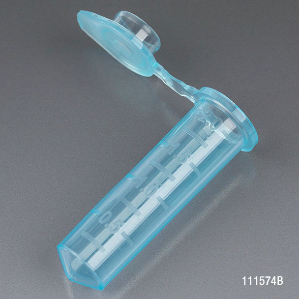 Microcentrifuge Tube, 2.0mL, PP, Attached Snap Cap, Graduated, Blue, Certified: Rnase, Dnase and Pyrogen Free, 500/Stand Up Zip Lock Bag