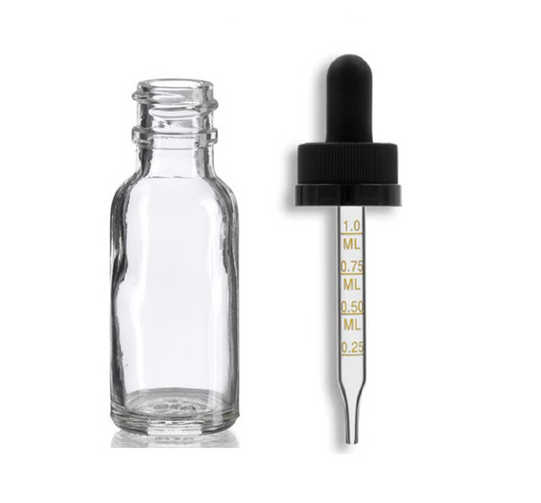 1/2 oz (15ml) CLEAR Glass Bottle - w/ Black Child Resistant Calibrated Glass Dropper