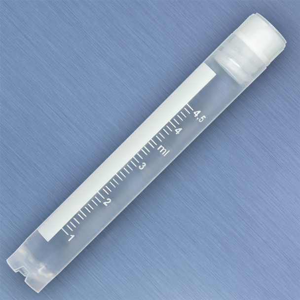 CryoCLEAR vials, 5.0mL, STERILE, Internal Threads, Attached Screwcap with Co-Molded Thermoplastic Elastomer (TPE) Sealing Layer, Round Bottom, Self-Standing, Printed Graduations, Writing Space and Barcode, 50/Bag