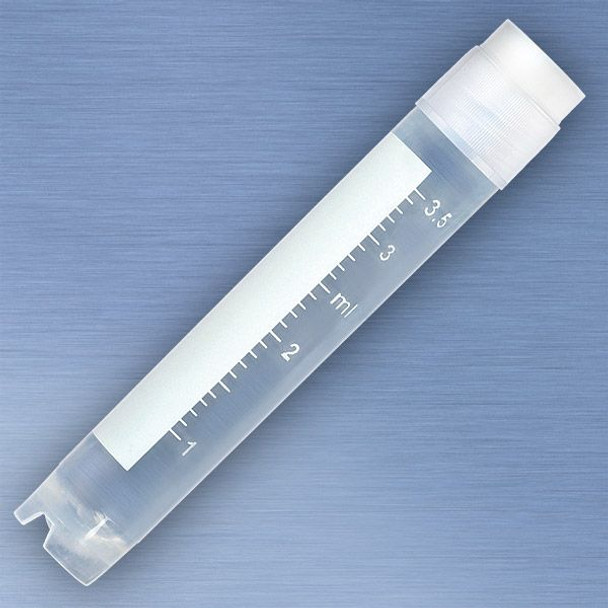 CryoCLEAR vials, 3.0mL, STERILE, External Threads, Attached Screwcap with Co-Molded Thermoplastic Elastomer (TPE) Sealing Layer, Round Bottom, Self-Standing, Printed Graduations, Writing Space and Barcode, 50/Bag