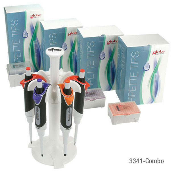 ** SEE NEW & IMPROVED # 3351-COMBO ** Pipette Kit, Diamond ADVANCE Adjustable Volume Pipettors: 0.5-10uL, 2-20uL, 20-200uL, 100-1000uL; Sterile Racked Low Retention Tips: 10uL, 20uL, 200uL, 1250uL and 6-Place Carousel Stand