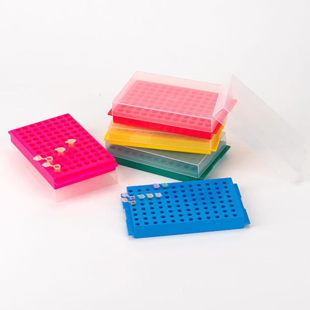 Reversible Rack with Cover for Microcentrifuge Tubes, 96-Place for 1.5mL and 2.0mL and Reverse Side is 96-Place for 0.2mL and 0.5mL Tubes, Pink, 5/Pack