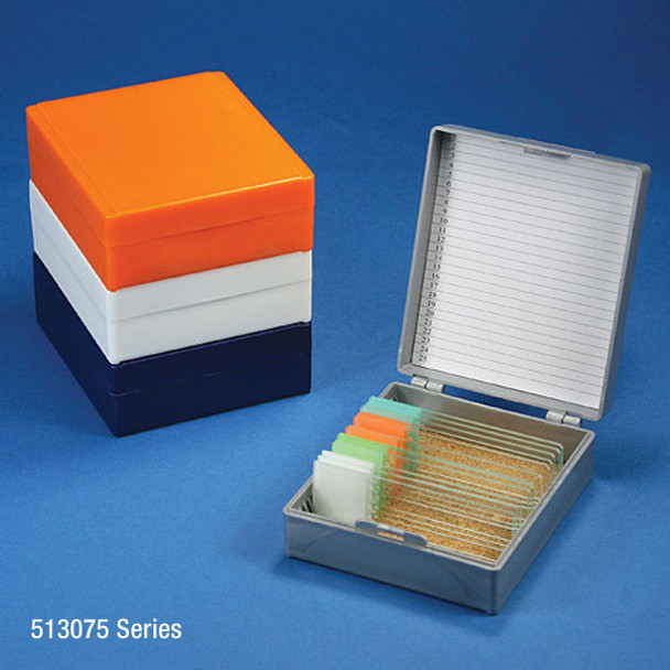 Slide Box for 25 Slides, Cork Lined, 5 Assorted Colors (Gray, Blue, Dark Gray, Orange and White)