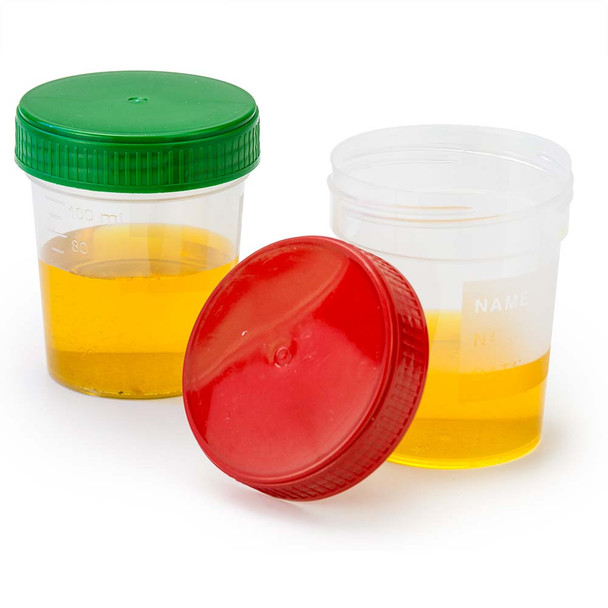 Specimen Container, 4oz, with Full Turn Red Separate Screwcap, Frosted Writing Area, Non-Sterile, PP, Graduated
