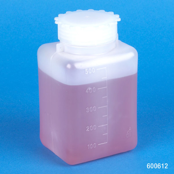 Bottle with Screwcap, Wide Mouth, Square, Graduated, PE (Cap: PP), 500mL, 25/Bag, 6 Bags/Unit