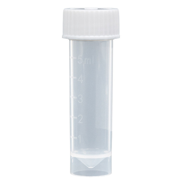 Transport Tube, 5mL, with Attached White Screw Cap, PP, Conical Bottom, Self-Standing, Molded Graduations