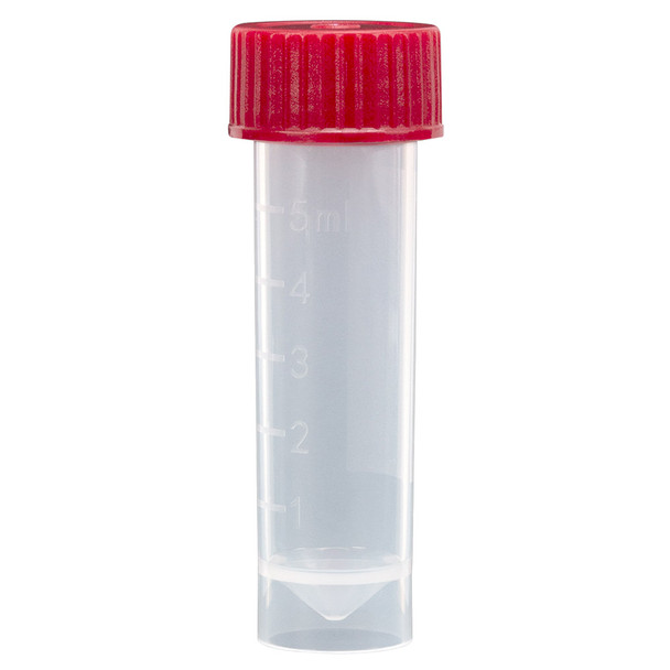 Transport Tube, 5mL, with Separate Red Screw Cap, PP, Conical Bottom, Self-Standing, Molded Graduations