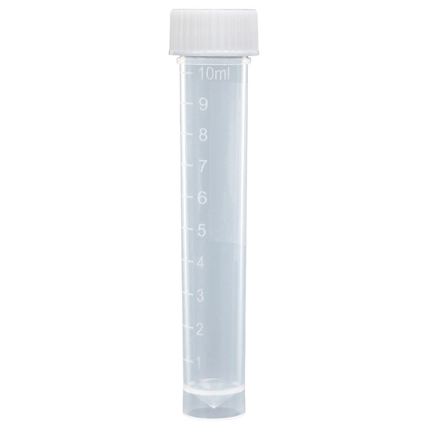 Transport Tube, 10mL, with Attached White Screw Cap, PP, Conical Bottom, Self-Standing, Molded Graduations