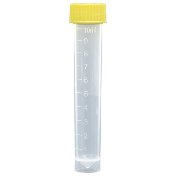 Transport Tube, 10mL, with Separate Yellow Screw Cap, PP, Conical Bottom, Self-Standing, Molded Graduations