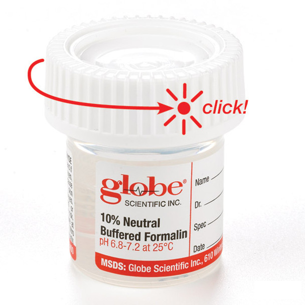 Pre-Filled Container with Click Close Lid: Tite-Rite, 20mL (0.67oz), PP, Filled with 10mL of 10% Neutral Buffered Formalin, Attached Hazard Label, 24/Box, 4 Boxes/Unit