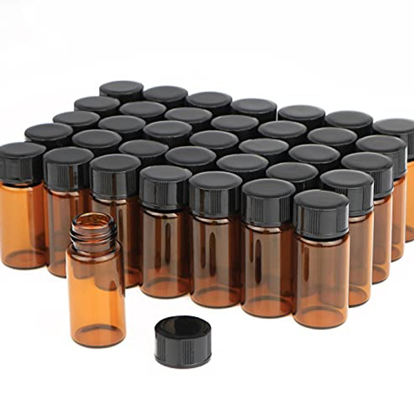 50 Pack,5ml (1/6 oz) Amber Glass Essential Oil Bottle with Screw Caps,Empty Refillable Travel Glass Liquid Sample Vial Preservation Storage Vials Test Container-FREE Funnel&Dropper