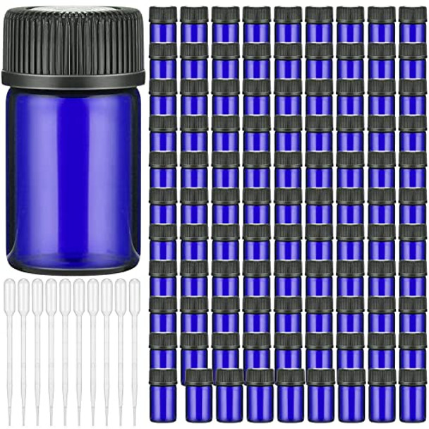 250 Pieces 2 ml Essential Oil Bottles Vial Small Oil Bottles Refillable Sample Glass Bottles with Orifice Reducer Dropper and Cap DIY Supplies Tool Accessories for Perfume (Blue)