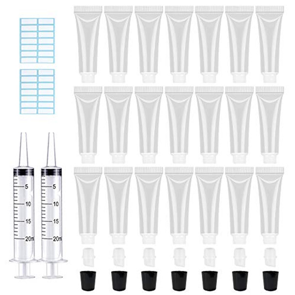 AMORIX 50PCS 10ml Black Lip Gloss Tubes Empty Clear Lip Balm Containers Refillable Soft Cosmetic Squeeze Tubes for Lip Gloss Base Glitter Pigment Powder 2 Syringes + Tag Labels Stickers
