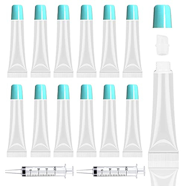 50PCS Lip Gloss Tubes 15ml Blue Cap Lip Gloss Containers Empty Lip Balm Tubes Refillable Cosmetic Squeeze Lipgloss Tubes + 2 x 20ml Syringes Tag Labels Stickers for DIY Lip Gloss Base Glitter