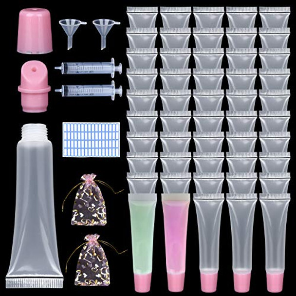 AerRoll 50Pcs 15 ML Lip Gloss Tubes With Pink Cap Empty,Soft Cosmetic Squeeze Tubes With Labels Stickers+Syringe+Funnel, for DIY Lip Gloss Balm Cosmetic (Pink x 50pcs)