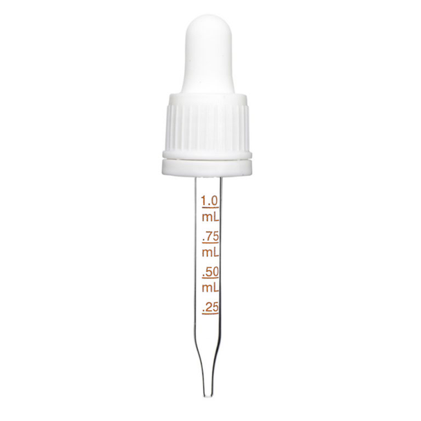 1 oz White PP 18-415 ribbed skirt tamper-evident calibrated dropper and 76 mm printed glass pipette