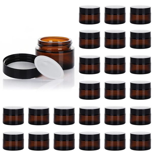 1oz Glass Jar with Lid, Hoa Kinh 25Pack Amber Round Containers Cosmetic Glass Jars with Inner Liners and Black Lids Travel Jars for Storing Lip and Body Scrub, Lotion, Body Butter, Bath Salts, Liquid