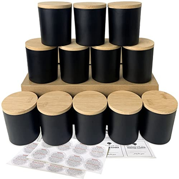 12 Pack 10 OZ Matte Black Glass Candle Jars for Making Candles with Airtight Bamboo Lids Nice Sticky Warning Labels for Candle Making Empty Container Bulk - Dishwasher Safe