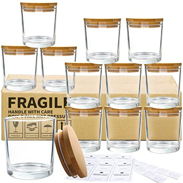 12Pack 10 OZ Clear Glass Candle Jars with Bamboo Lids for Making Candles, Large Size Empty Candle Tins with Wooden Lids, Bulk Clean Candle Containers - Dishwasher Safe