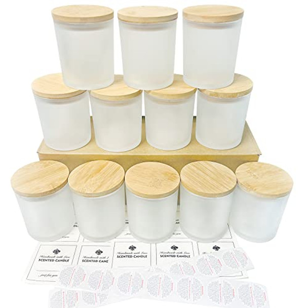 12Pack 10 oz Frosted Glass Candle Jars with Bamboo Lids for Making Candles Empty Candle Tins with Wooden Lids, Bulk Clean Candle Containers - Dishwasher Safe