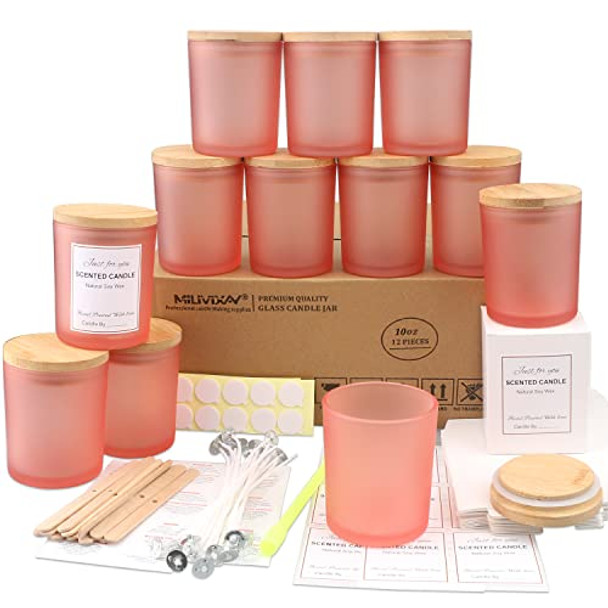 12 Pack 10 OZ Matte Pink Glass Candle Jars with Lids and Candle Making Kits - Bulk Empty Candle Jars for Making Candles - Spice, Powder Containers.