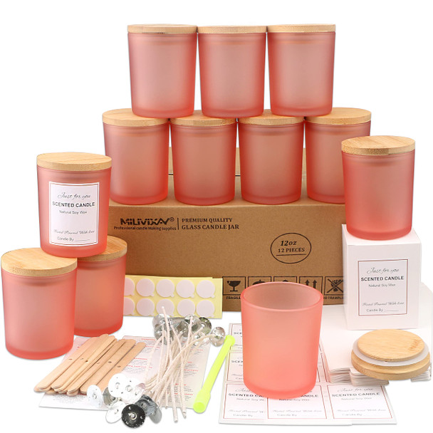 12 Pack 12 OZ Matte Pink Glass Candle Jars with Lids and Candle Making Kits - Bulk Empty Candle Jars for Making Candles - Spice, Powder Containers.